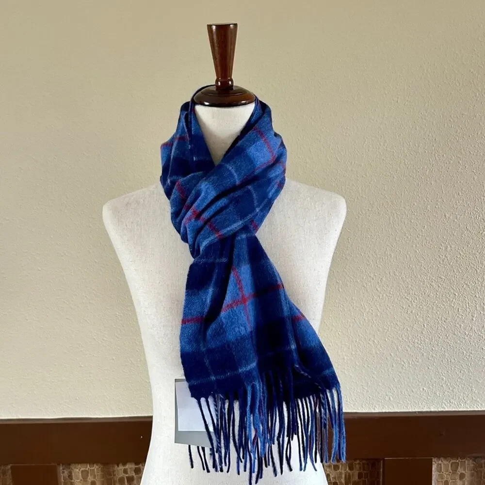Louisa Perini Men's Fringed 100% Cashmere Scarf in Blue Tartan NWT